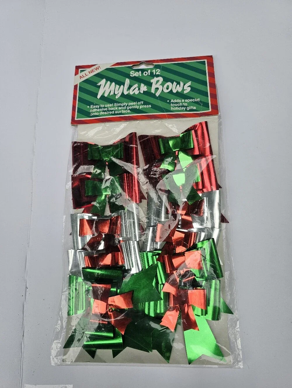 Vintage Set Of 12 Christmas Decorations Package Bows Foil Shiny Tags Wrapping